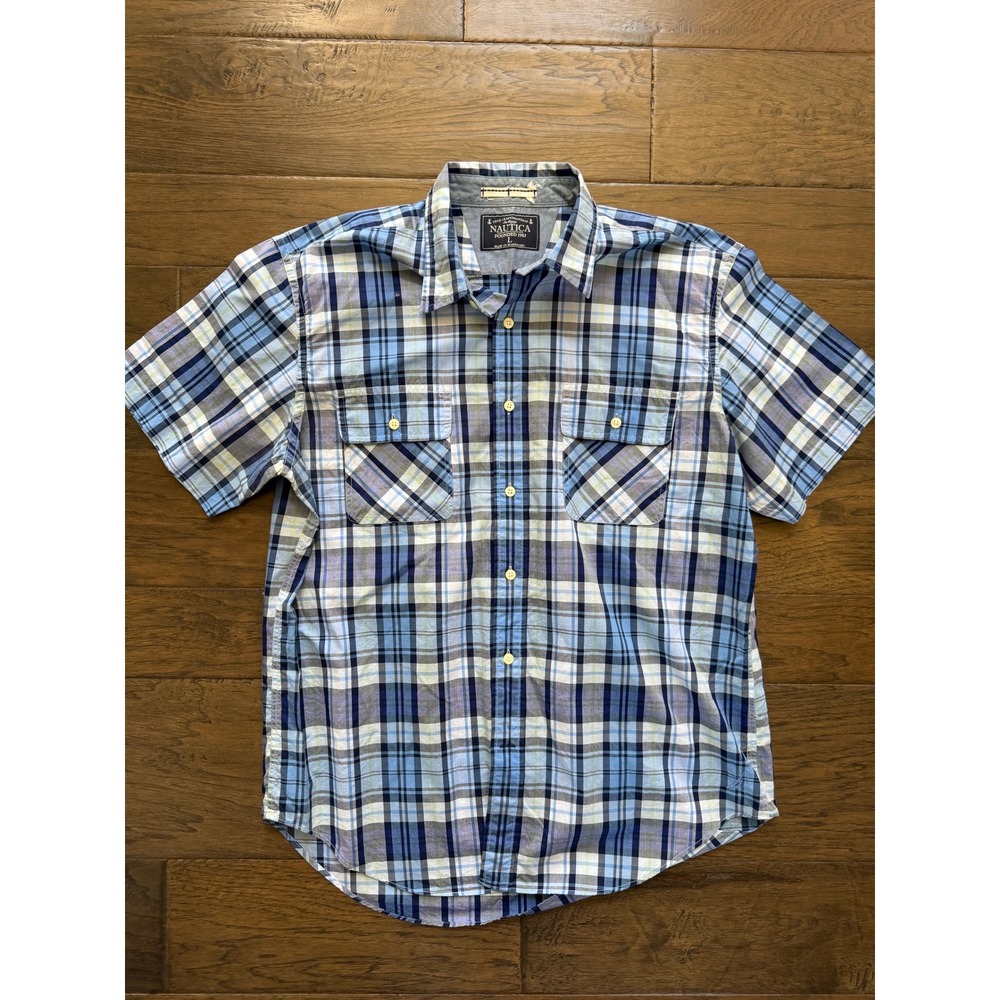 Nautica Men's Plaid Short Sleeve Button-Up Shirt Large